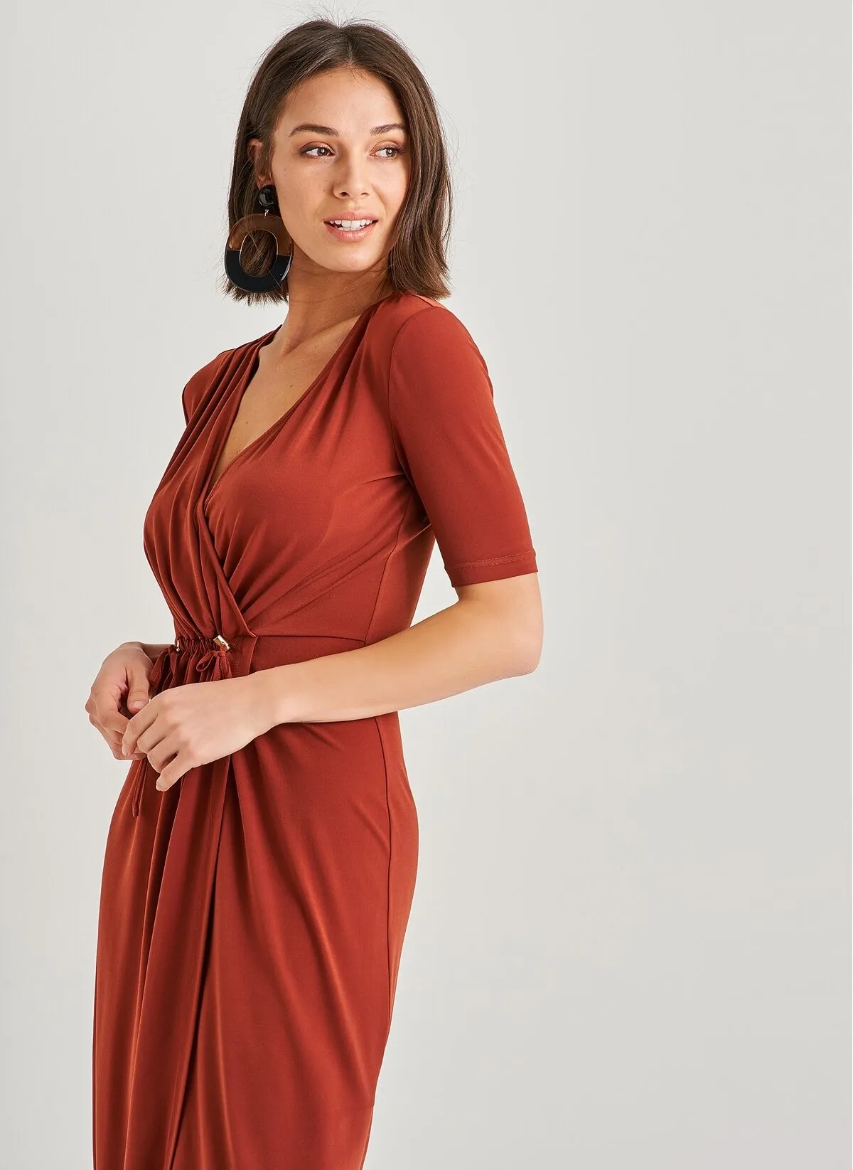 13567 Brown Draped Bodycon Dress