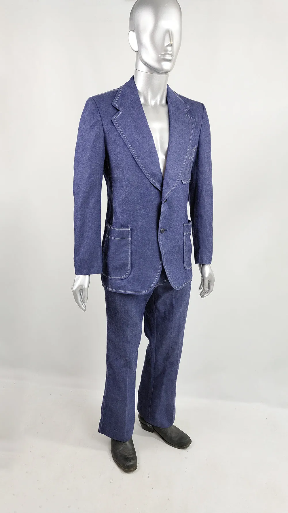 1970s Vintage Mens Two Piece Denim Flared Pant Suit