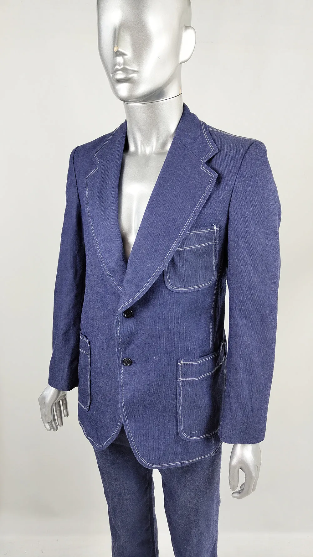 1970s Vintage Mens Two Piece Denim Flared Pant Suit