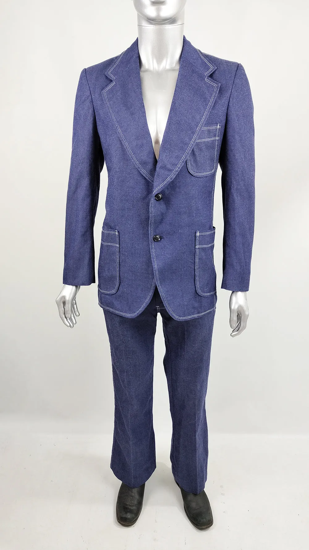 1970s Vintage Mens Two Piece Denim Flared Pant Suit