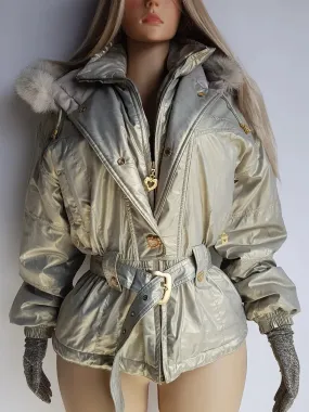 1990s Iconic Gold Slazenger Iridescent Fur Hood Puffer Ski Style Jacket - Tailored Hourglass with Belt - Insane Gold Hearts Hard ware  - Literally the Perfect Shape - Fully Lined