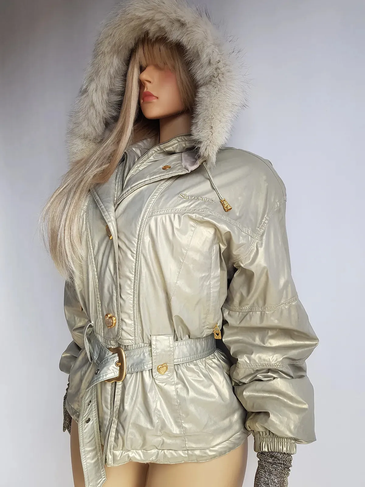 1990s Iconic Gold Slazenger Iridescent Fur Hood Puffer Ski Style Jacket - Tailored Hourglass with Belt - Insane Gold Hearts Hard ware  - Literally the Perfect Shape - Fully Lined