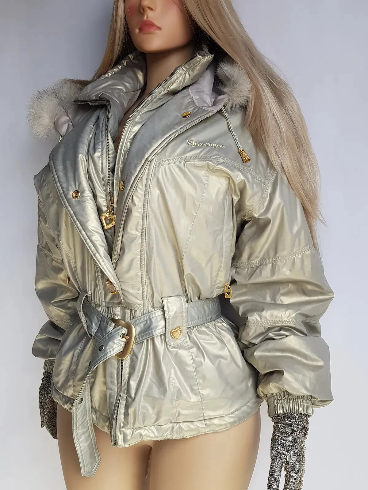 1990s Iconic Gold Slazenger Iridescent Fur Hood Puffer Ski Style Jacket - Tailored Hourglass with Belt - Insane Gold Hearts Hard ware  - Literally the Perfect Shape - Fully Lined