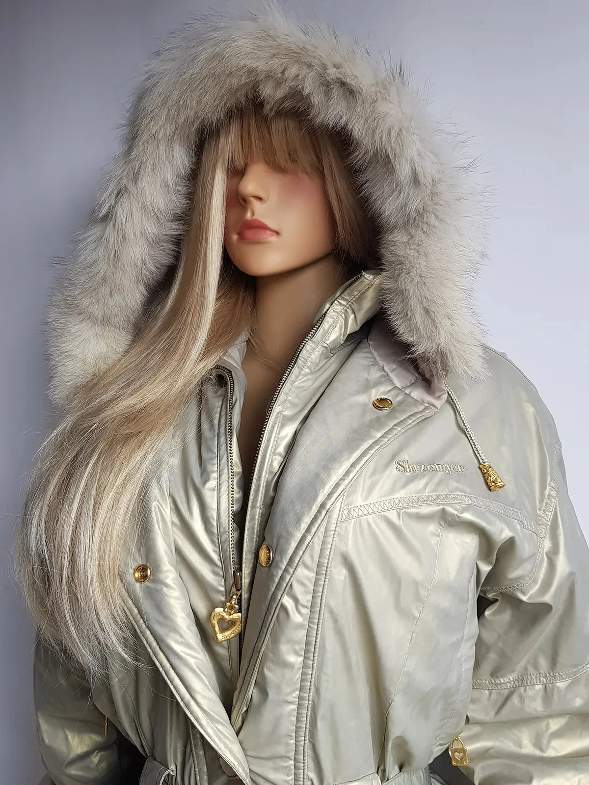 1990s Iconic Gold Slazenger Iridescent Fur Hood Puffer Ski Style Jacket - Tailored Hourglass with Belt - Insane Gold Hearts Hard ware  - Literally the Perfect Shape - Fully Lined