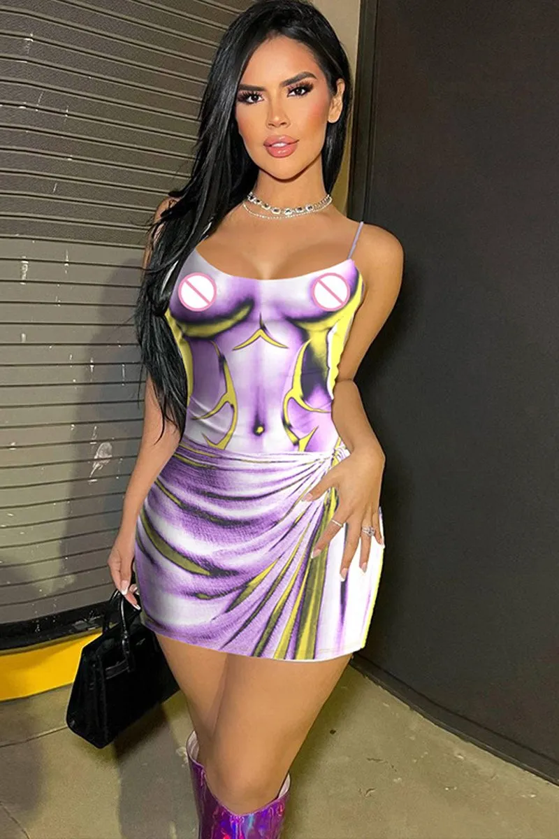 3D Body Print Spaghetti Strap Bodycon Mini Dress