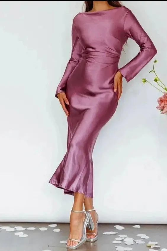 A&A Bodycon Long Sleeve Satin Maxi Dress