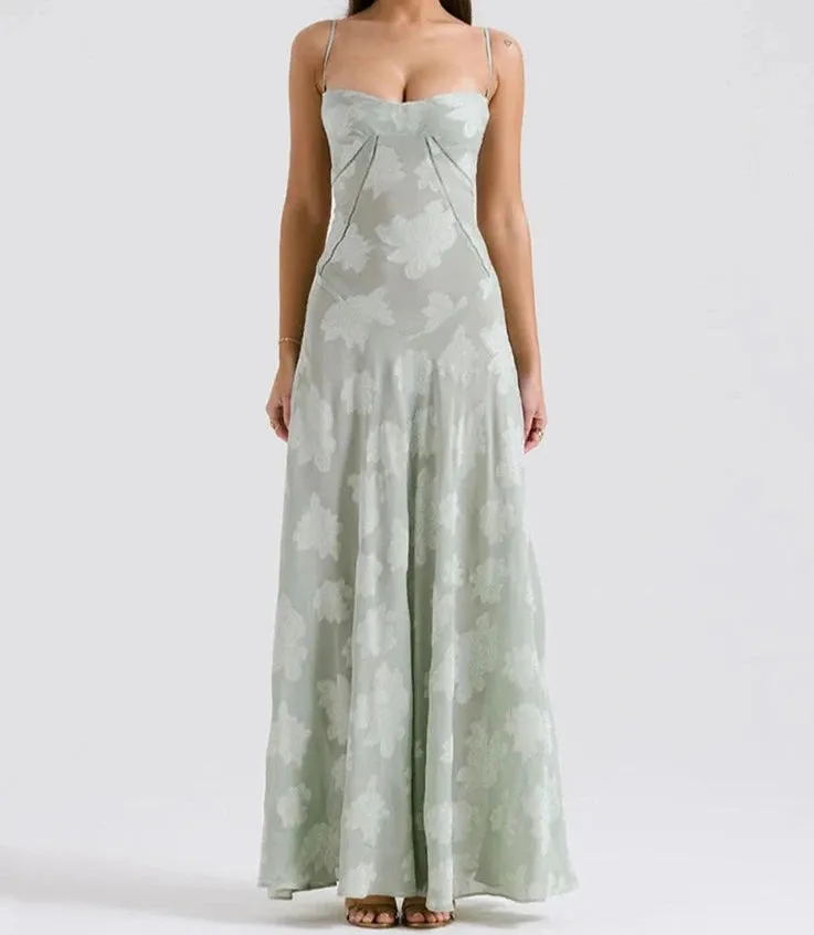 A&A Lace Floral Spaghetti Strap Sheer Sleeveless Green Dress