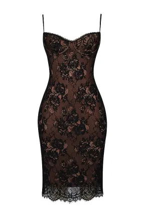 A&A Luxe Lace Print Spaghetti Strap Bodycon Midi Dress