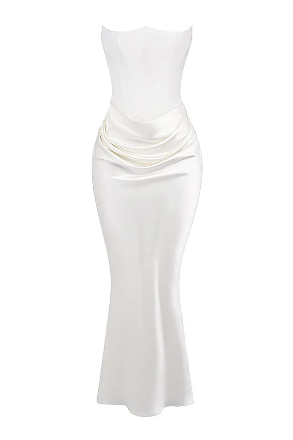 A&A Luxe Satin White Draped Maxi Dress