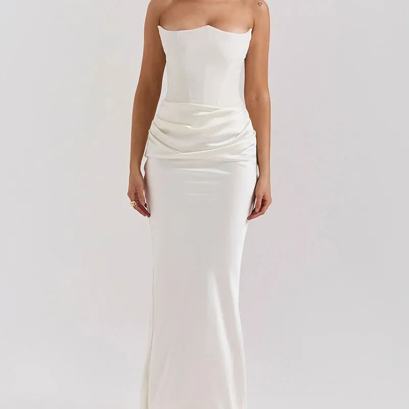 A&A Luxe Satin White Draped Maxi Dress