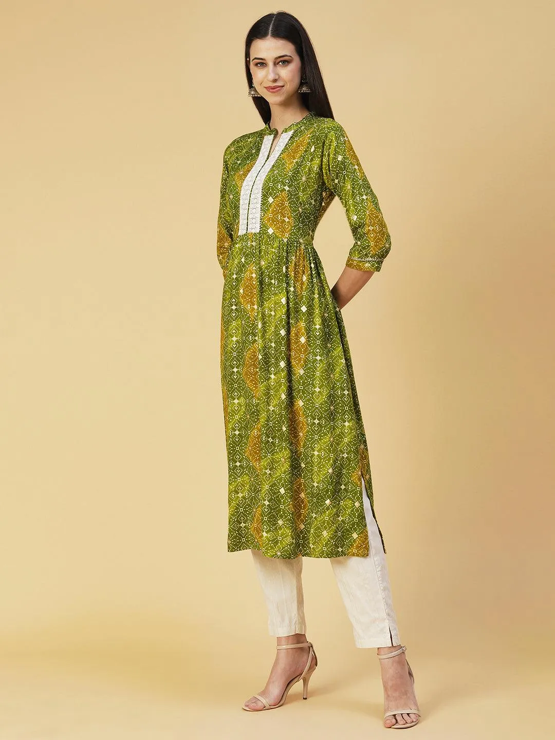 Abstract Printed Resham Embroidered Kurta With Striped Pants - Green