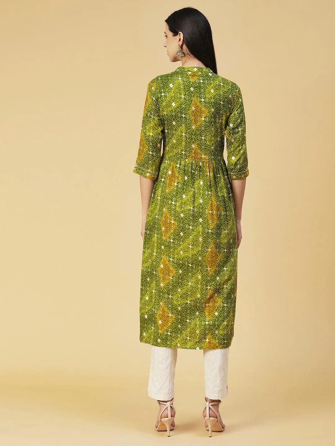 Abstract Printed Resham Embroidered Kurta With Striped Pants - Green