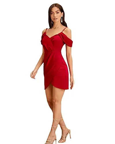 ADDYVERO V-Neck Sleeveless Cotton Blend Solid Bodycon Knee-Length Women Dress (Red, M)