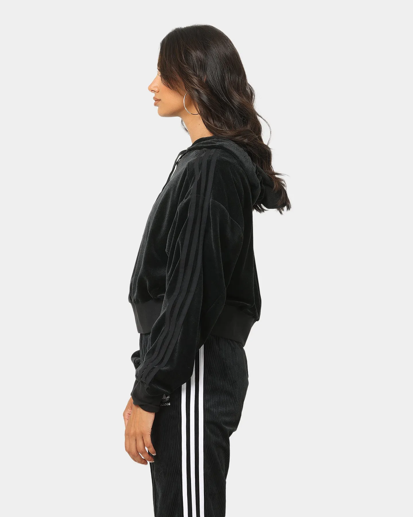 Adidas Women's Cropped Cozy Velour Melange Hoodie Black Melange