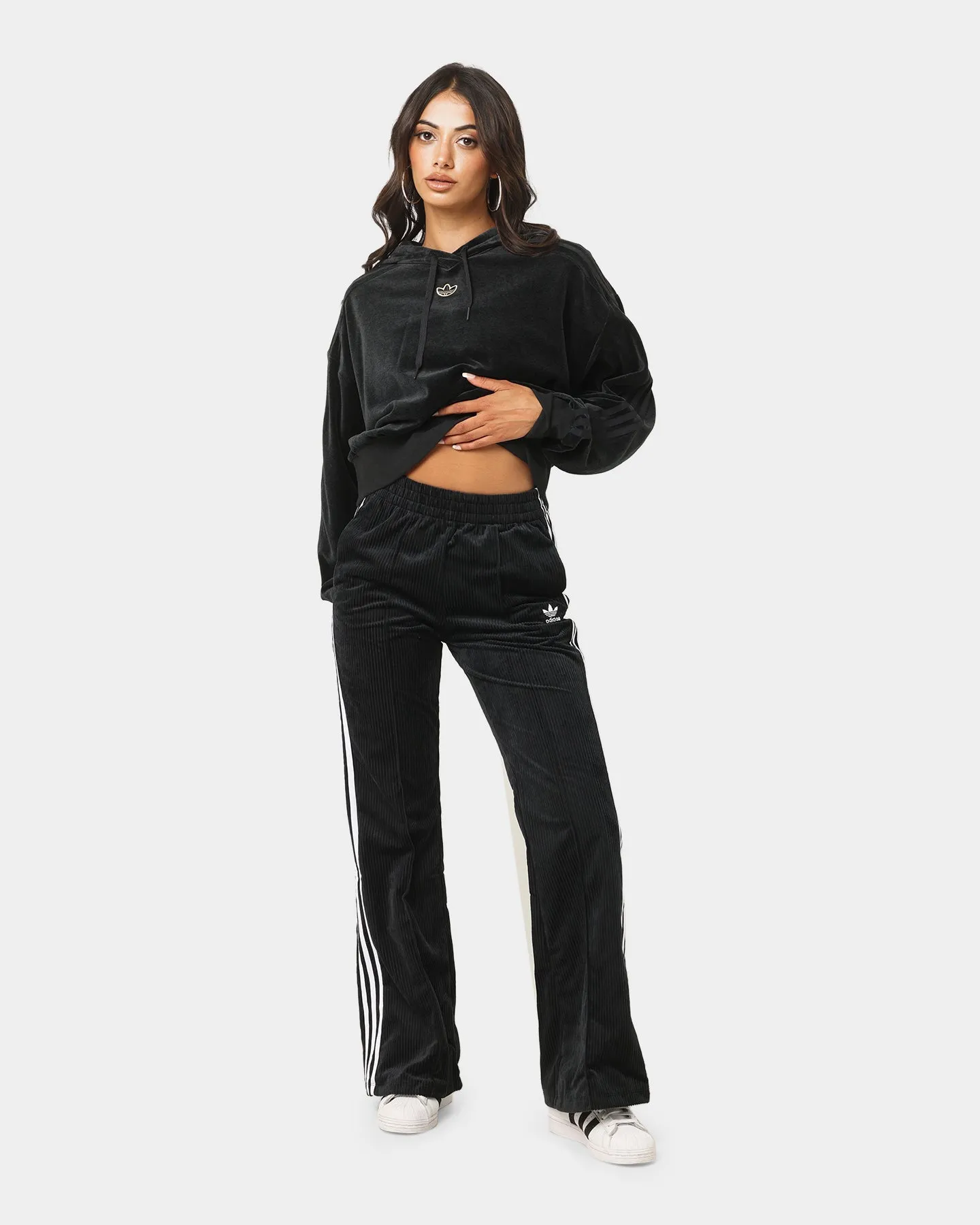 Adidas Women's Cropped Cozy Velour Melange Hoodie Black Melange