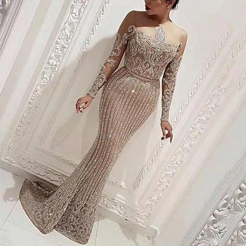 Amozae- Grosfairy   New Arrival   Prom Dresses Women Long Sleeve Bodycon Cocktail Party Robe Elegant Formal Evening Vestido