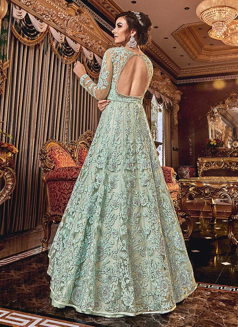 Aqua Blue Floral Embroidered Designer Lehenga/Palazzo Suit