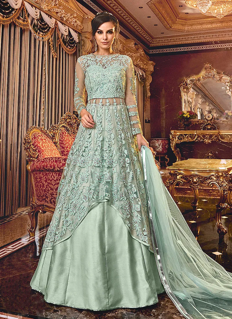 Aqua Blue Floral Embroidered Designer Lehenga/Palazzo Suit