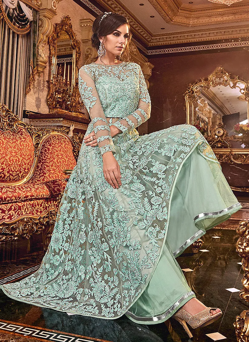 Aqua Blue Floral Embroidered Designer Lehenga/Palazzo Suit