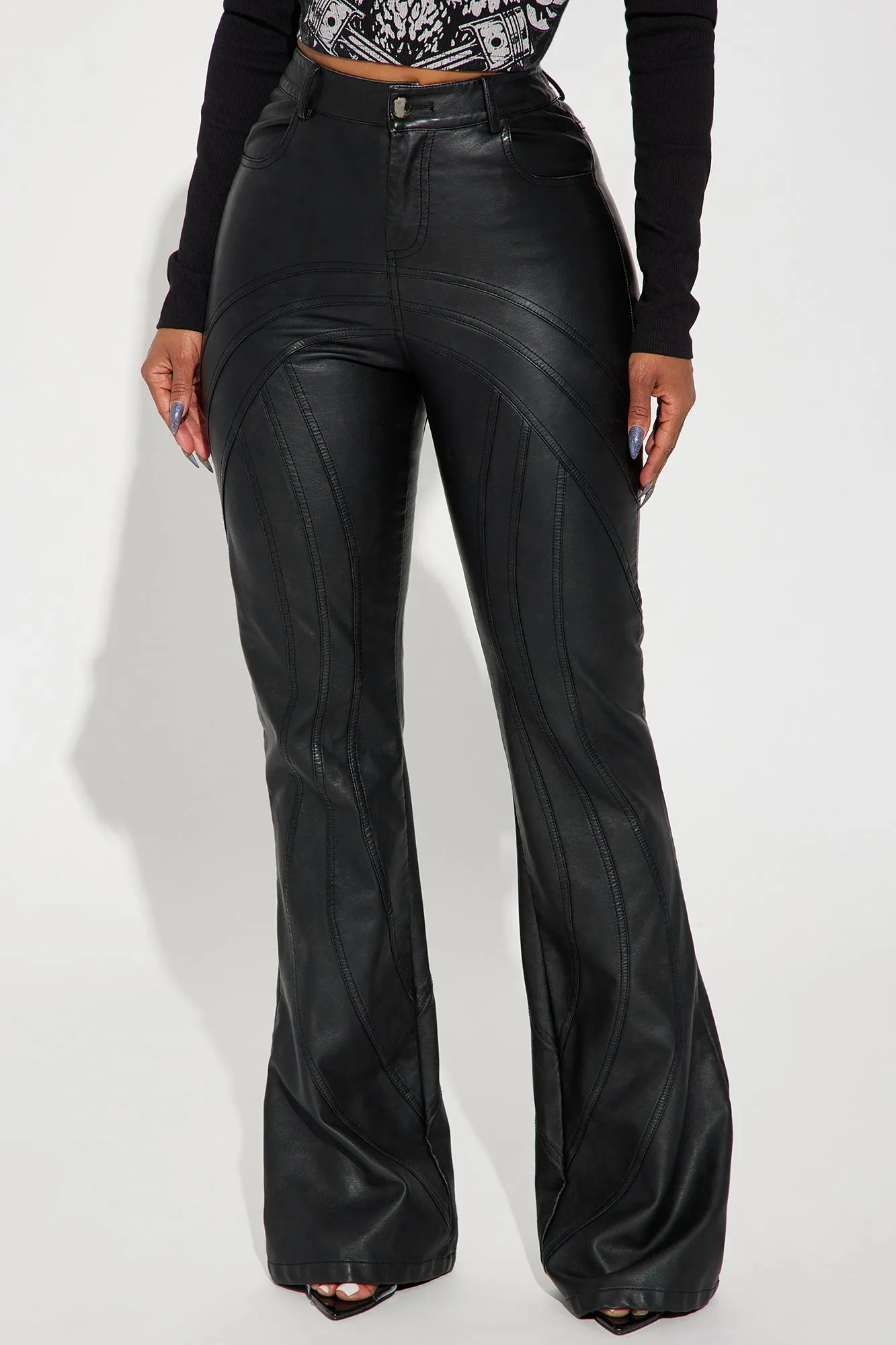 Ayana Washed Faux Leather Flare Pant - Black