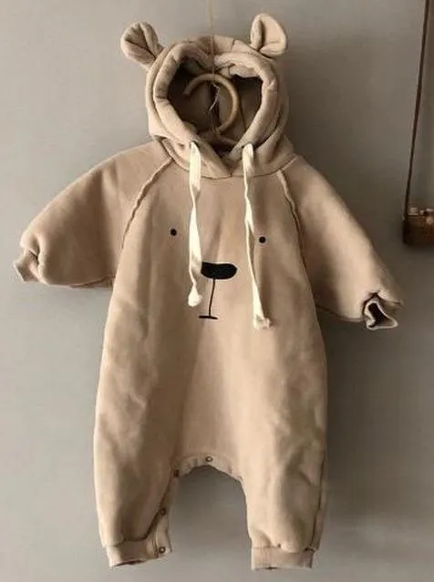 Baby Beary Cute Cuddly Romper Onesie With Drawstring Hoodie