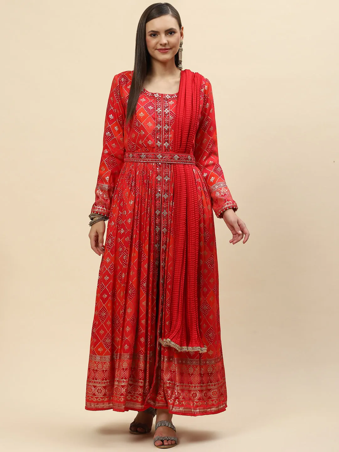 Banarasi Cotton Kurta With Pants & Silk Dupatta