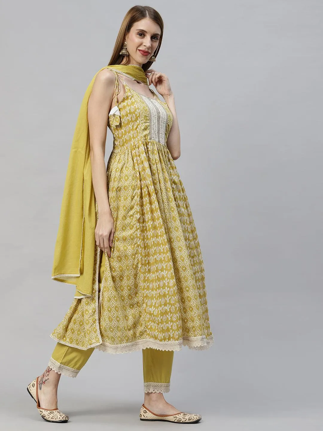 Bandhani Printed & Embroidered Kurta with Pants & Dupatta - Mustard Green