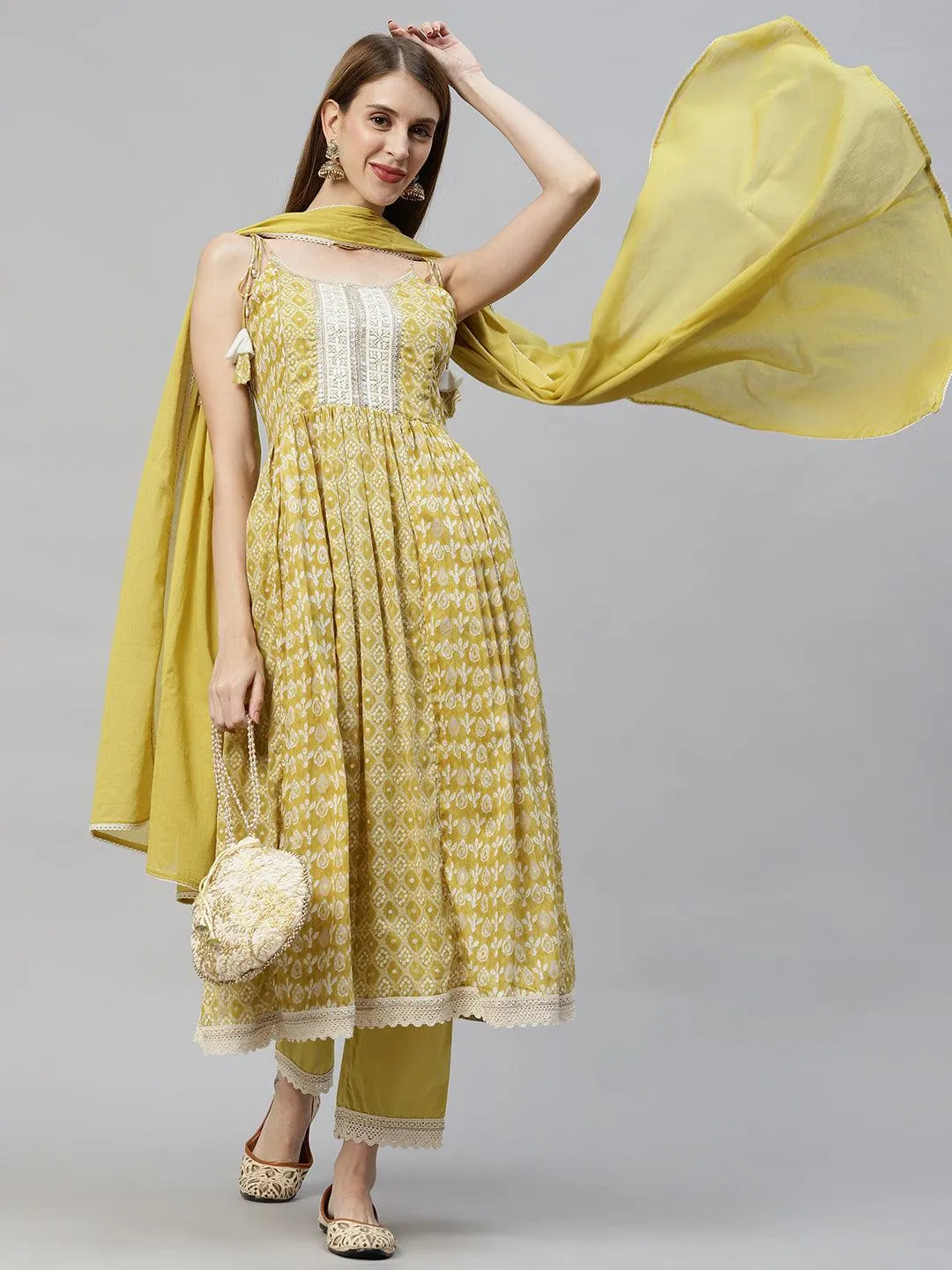 Bandhani Printed & Embroidered Kurta with Pants & Dupatta - Mustard Green