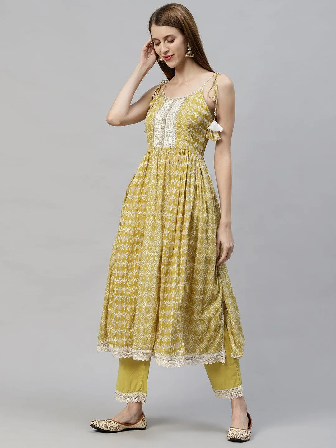 Bandhani Printed & Embroidered Kurta with Pants & Dupatta - Mustard Green