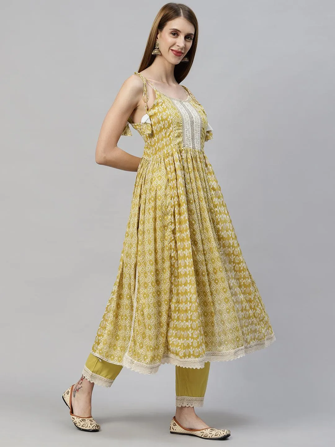 Bandhani Printed & Embroidered Kurta with Pants & Dupatta - Mustard Green