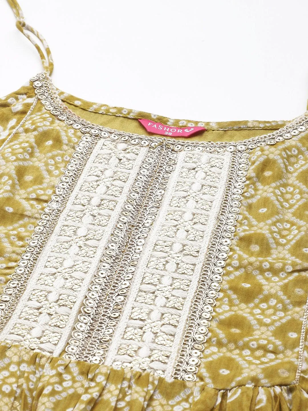 Bandhani Printed & Embroidered Kurta with Pants & Dupatta - Mustard Green