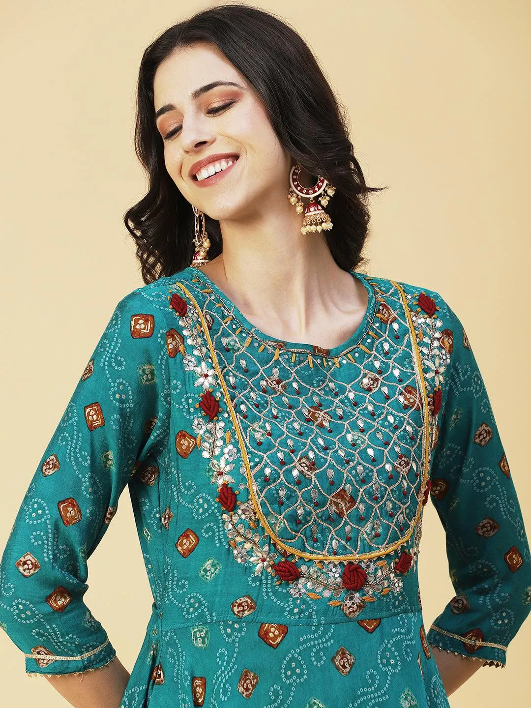 Bandhani Printed Gotapatti Embroidered Kurta With Pants & Dupatta - Green