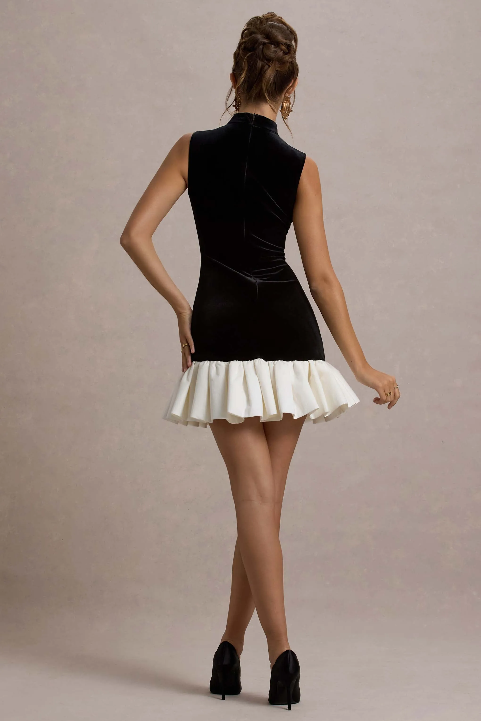 Baxter | Black & White Velvet Mini Dress With Satin Ruffle Trim