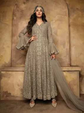 Beige Copper Mirror Embroidered Anarkali Pant Suit