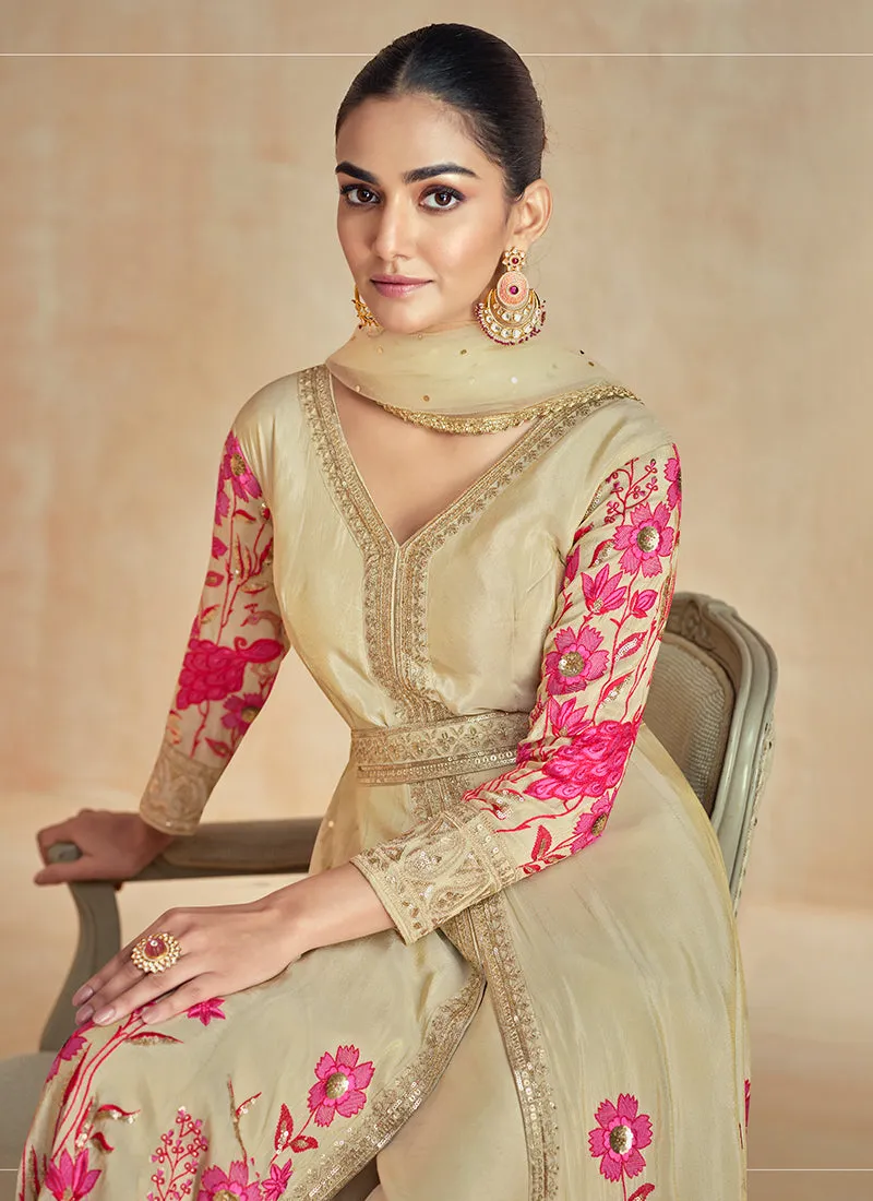 Beige Multi Embroidery Slit Style Anarkali Pant Suit