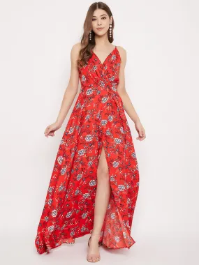 Berrylush Women Red & White Floral Printed V-Neck Thigh-High Slit Flared Maxi Dress