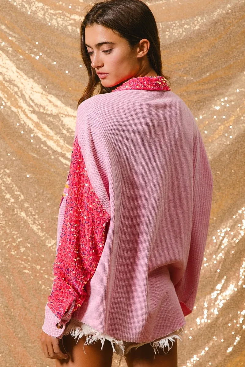 BiBi OVERSIZED Thermal Knit Shacket with Sequin Nutcrackers on Front and Velvet Sequin Sleeves in Pink