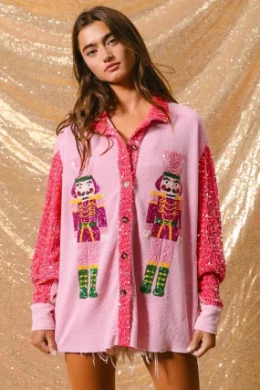 BiBi OVERSIZED Thermal Knit Shacket with Sequin Nutcrackers on Front and Velvet Sequin Sleeves in Pink