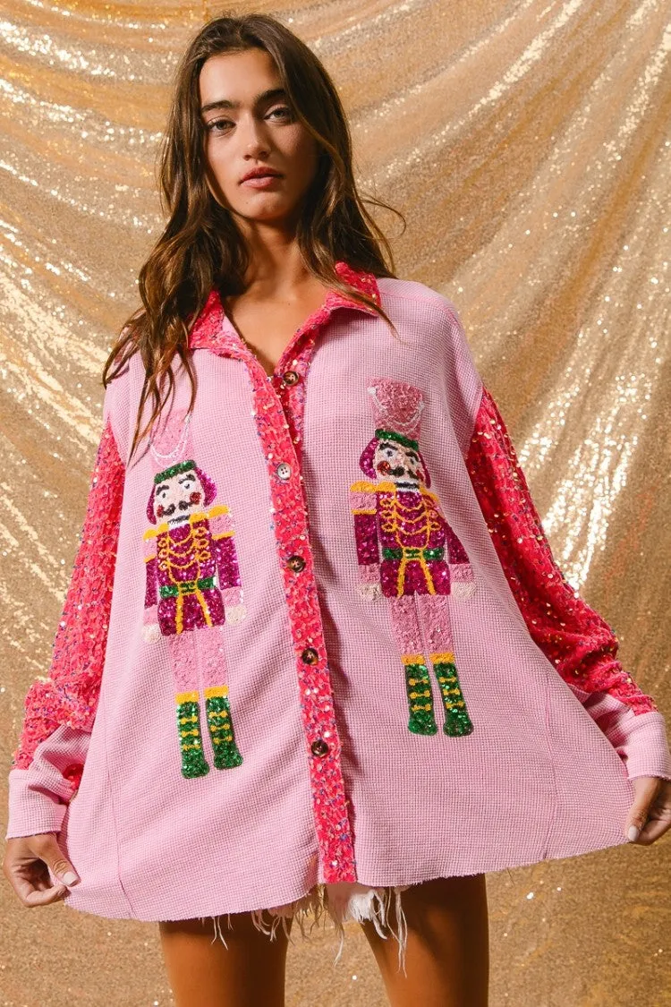 BiBi OVERSIZED Thermal Knit Shacket with Sequin Nutcrackers on Front and Velvet Sequin Sleeves in Pink