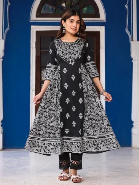 Black & White Ethnic Motif Printed Pure Cotton Flared Maxi Kurta With Pant Set With Beads & Sequins