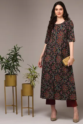 Black Cotton Ikat Printed Flared Kurta