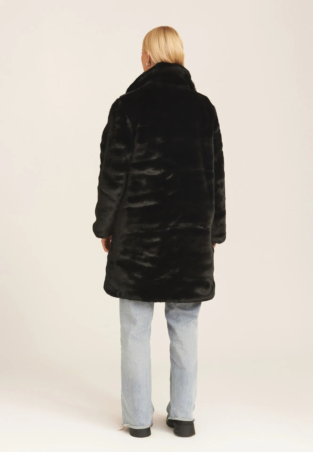 Black Faux Fur Lapel Collar Longline Coat