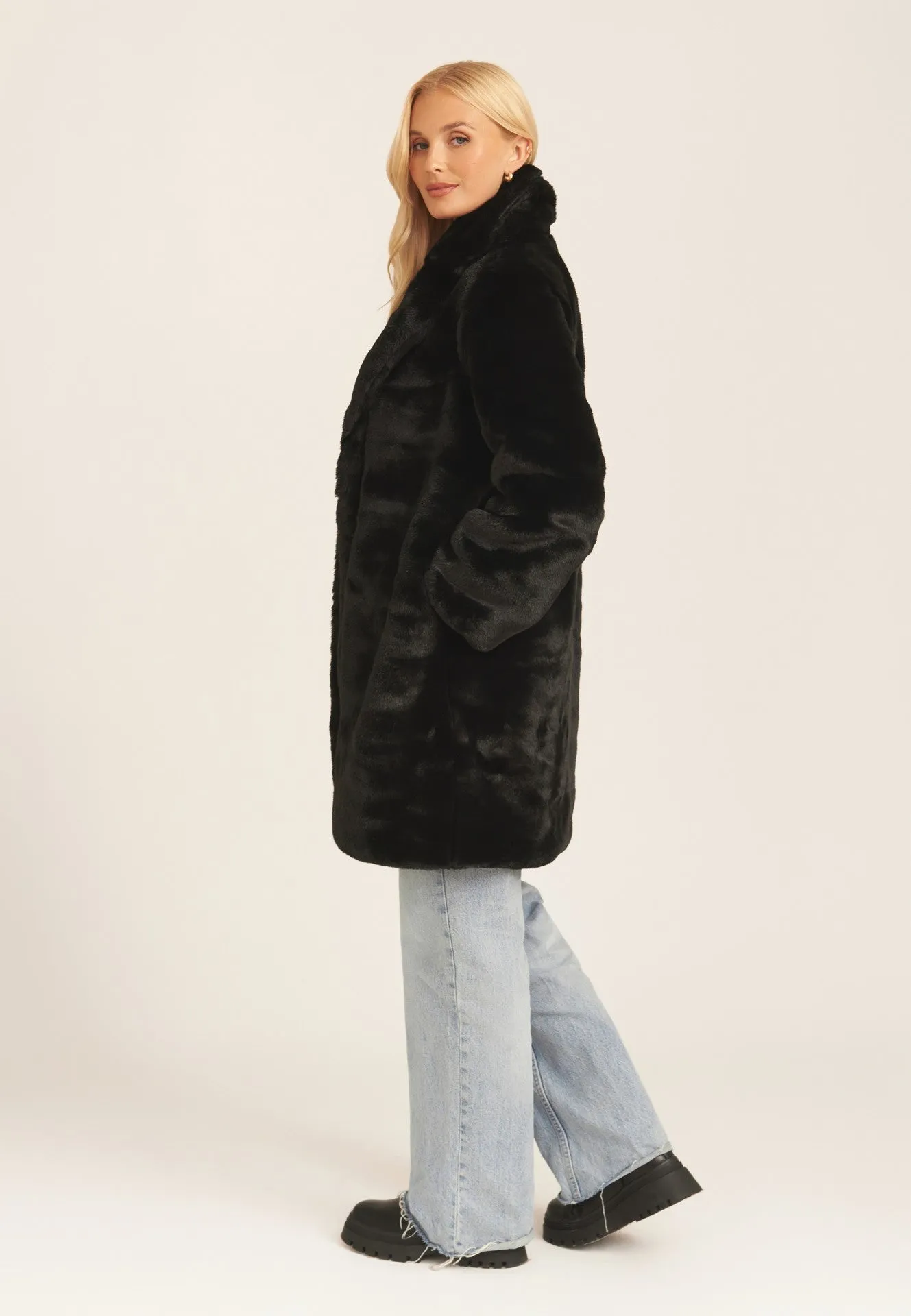 Black Faux Fur Lapel Collar Longline Coat