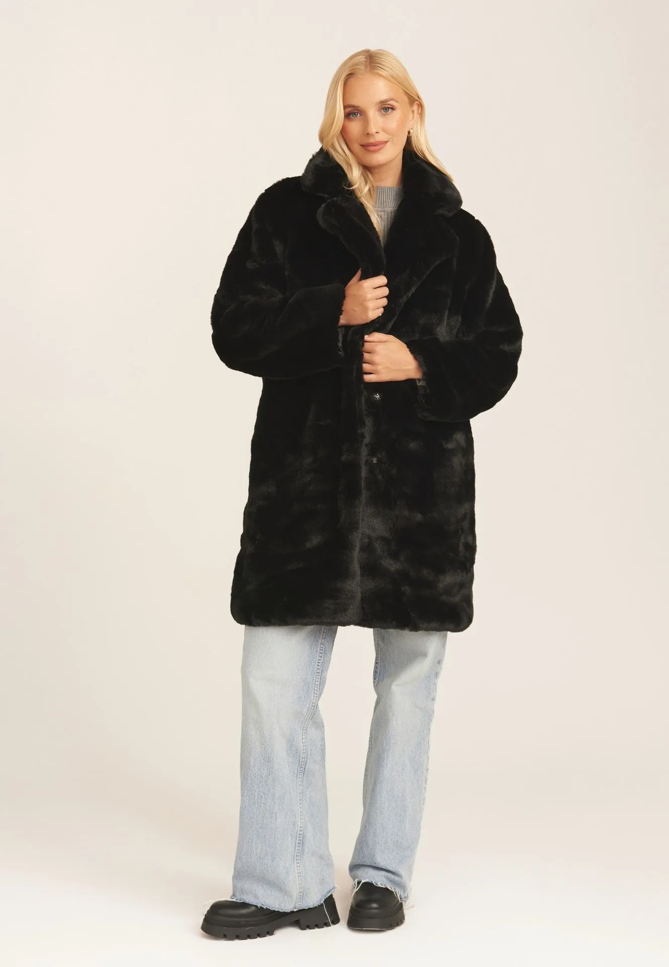 Black Faux Fur Lapel Collar Longline Coat