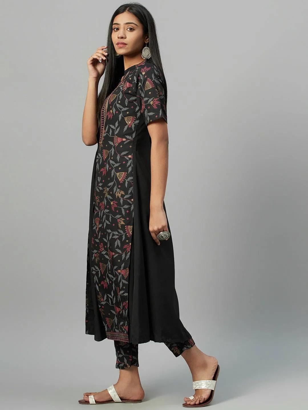 Black-Green Crepe Printed Kurta Palazzo Set