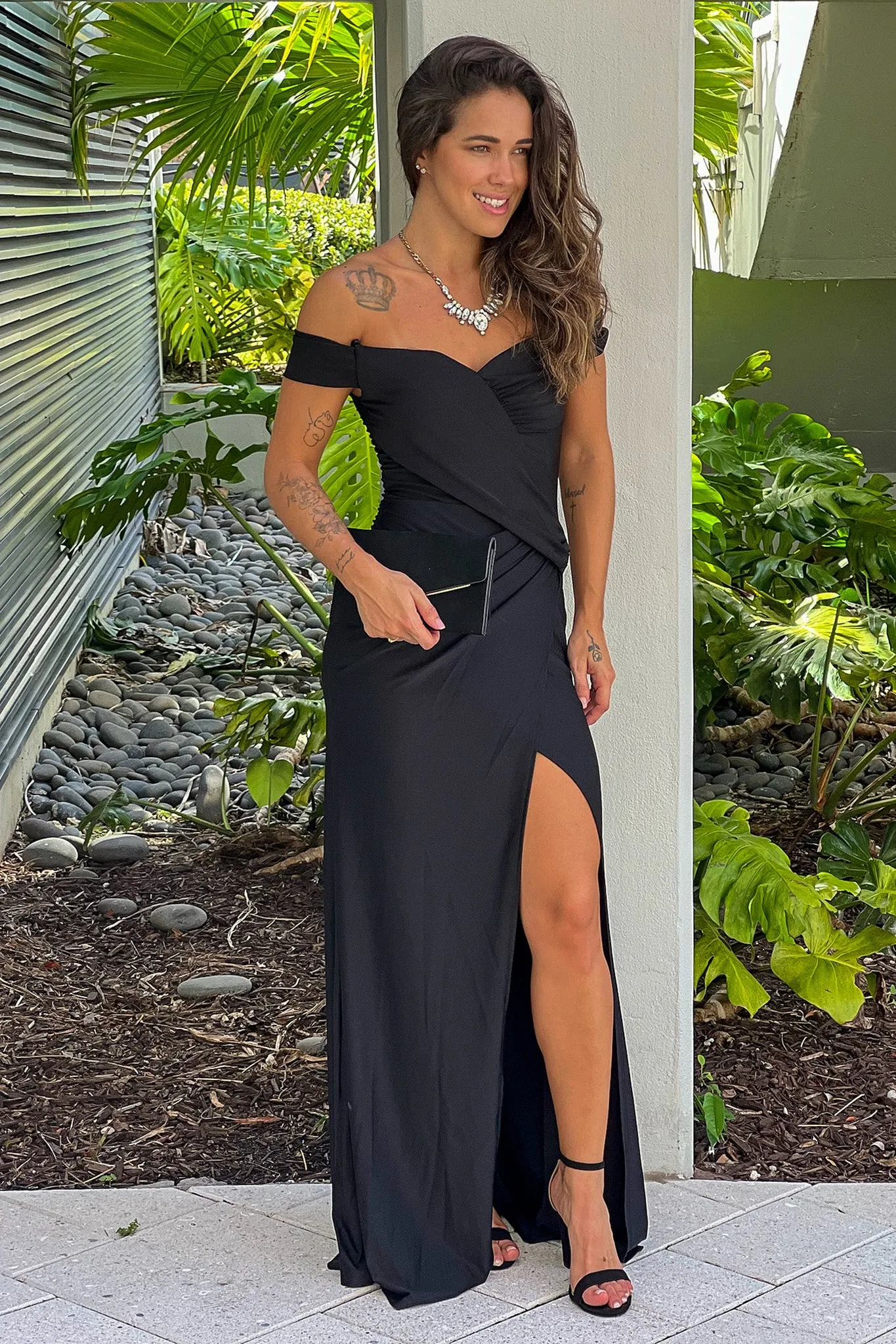 Black Off Shoulder Ruched Maxi Dress With Slit