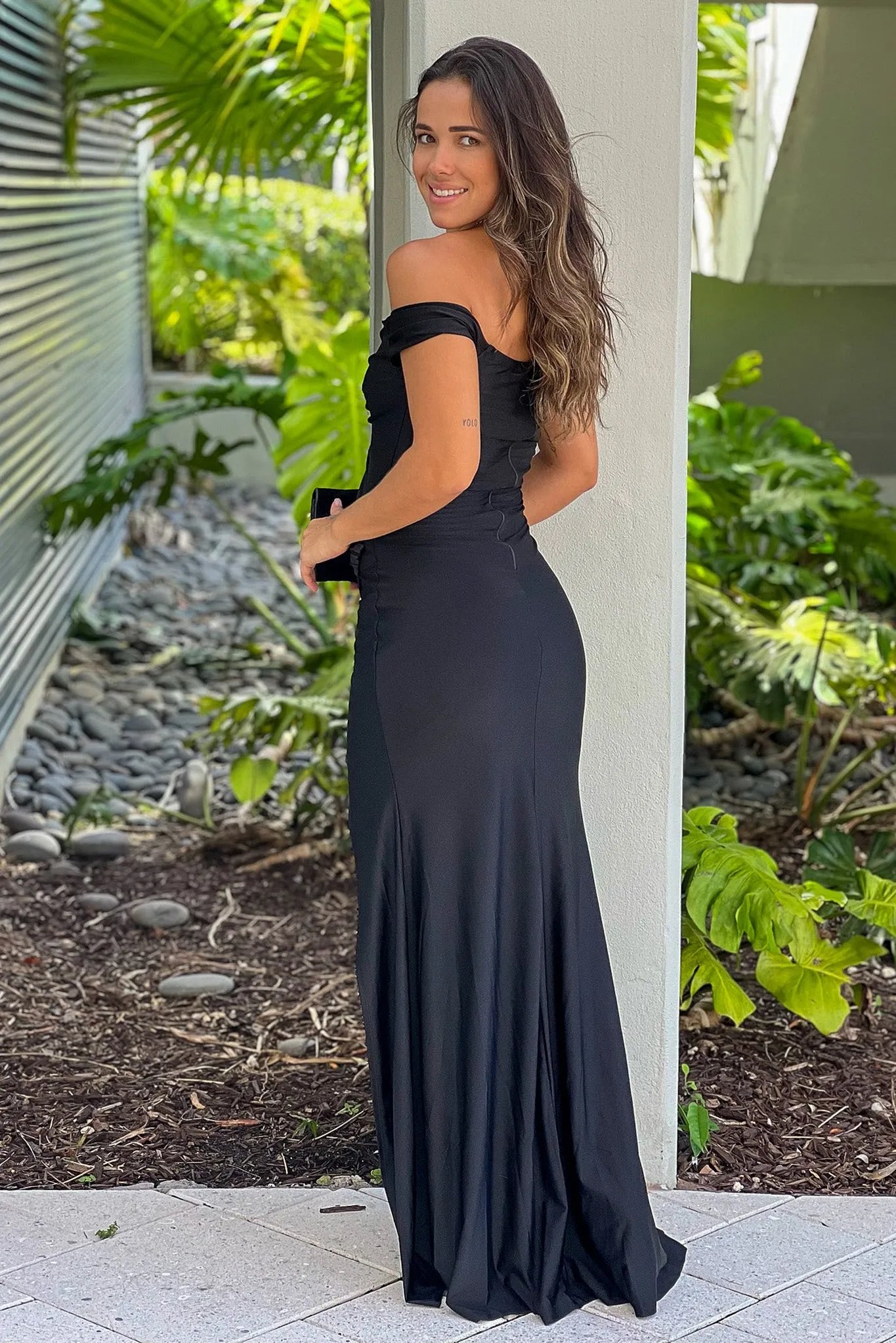 Black Off Shoulder Ruched Maxi Dress With Slit