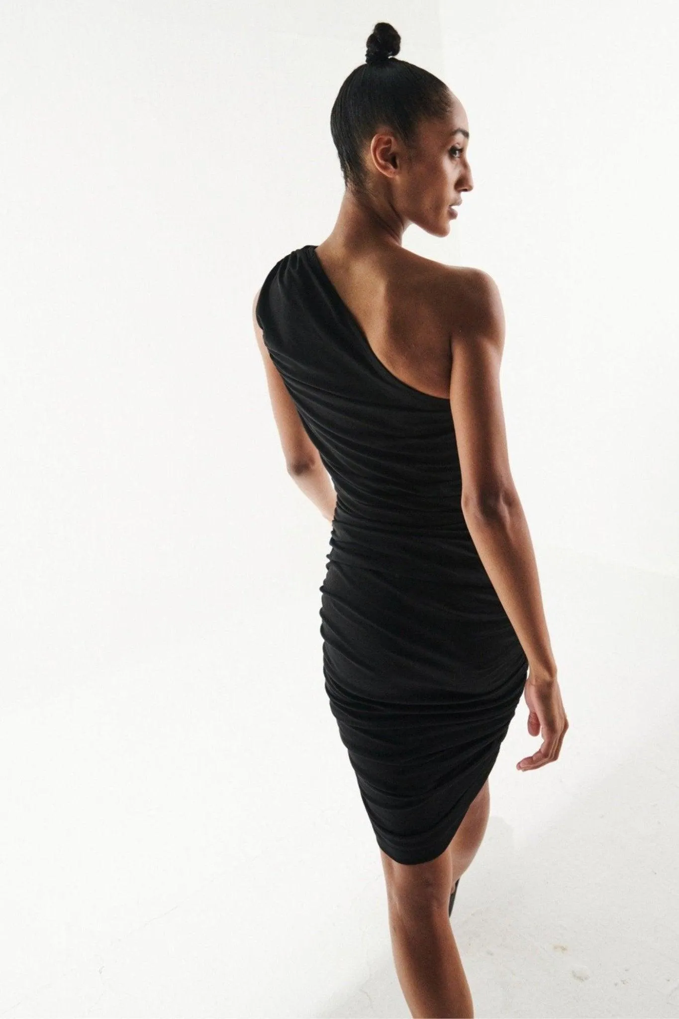 Black Ruched One Shoulder Dress