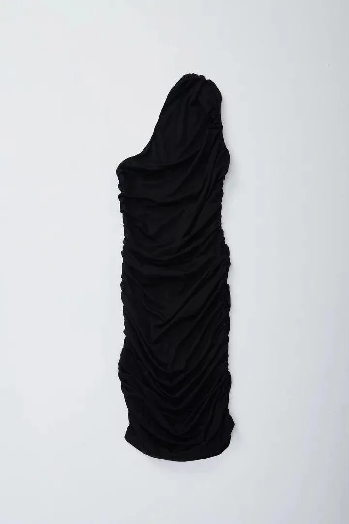 Black Ruched One Shoulder Dress