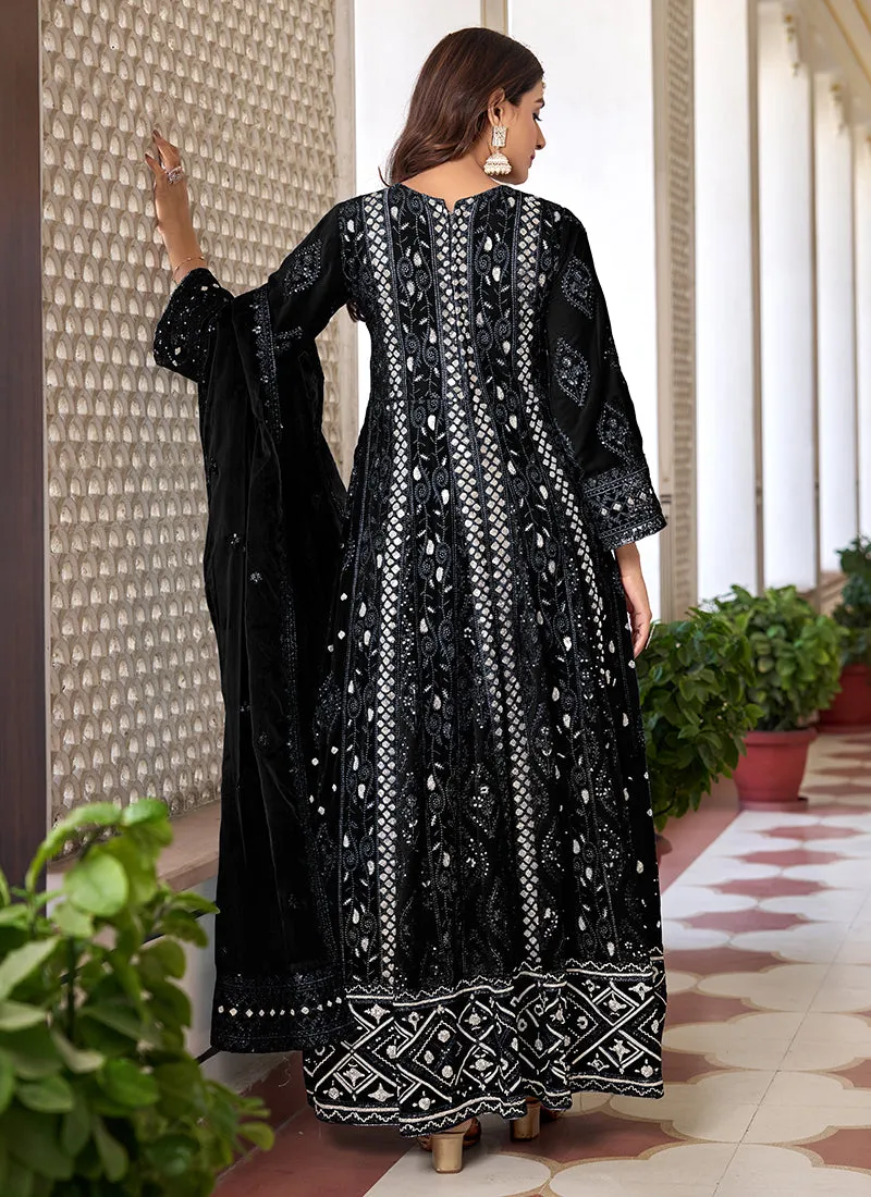 Black Sequence Embroidery Slit Style Anarkali Pant Suit